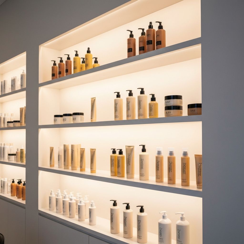Productos profesionales de peluquería organizados en estantes