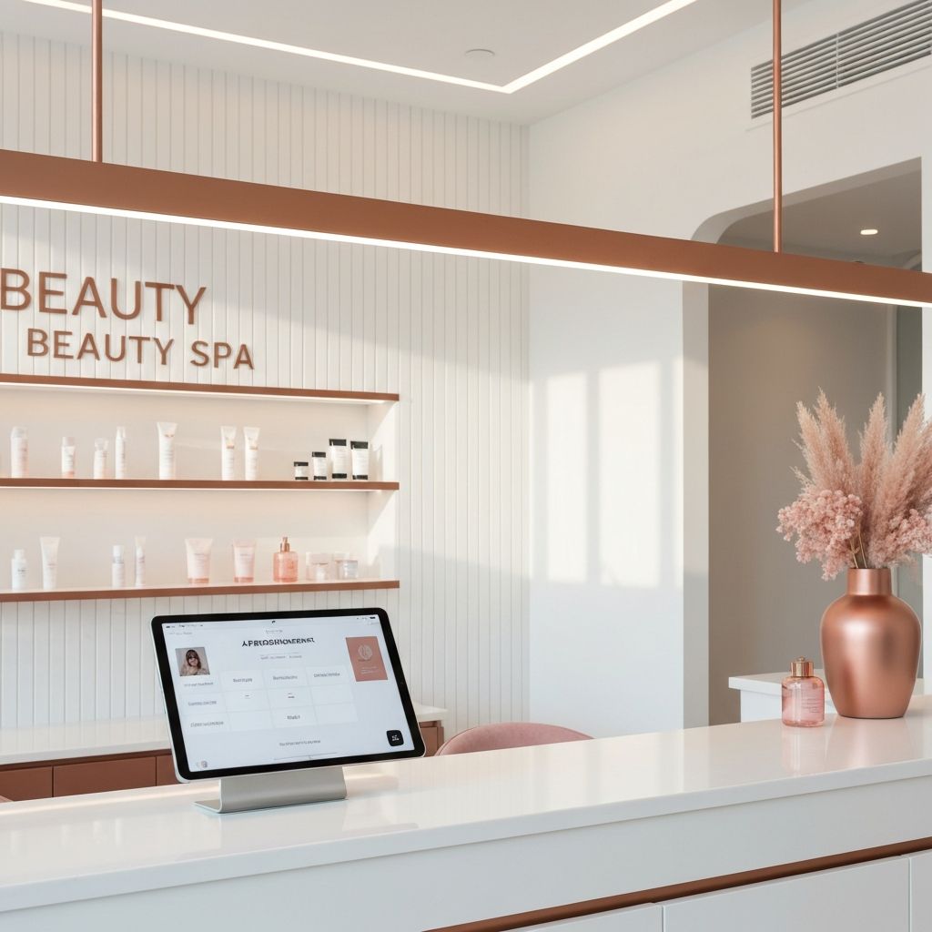 Recepción de centro de estética moderno con sistema de reservas